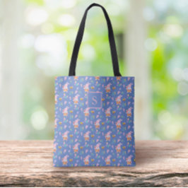 美しい青いバニーガーデンパターンのモノグラム トートバッグ