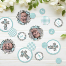 美しい青いフローラフレームクロスフォトバプテスマ コンフェッティ