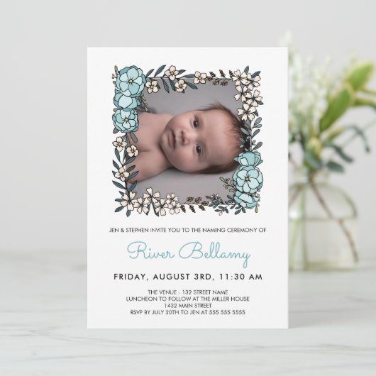 美しい青いフローラフレーム写真命名式 招待状 (スタンド正面)