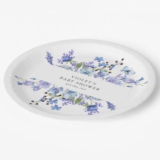 美しい青いワイルドフラワーの赤ちゃんシャワー ペーパープレート (アングル)