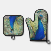 美しい青い孔雀の羽 鍋つかみ&鍋敷きセット (正面)