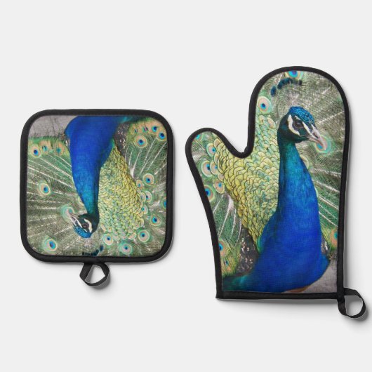 美しい青い孔雀の羽 鍋つかみ&鍋敷きセット (正面)