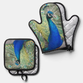 美しい青い孔雀の羽 鍋つかみ&鍋敷きセット (正面/裏面)