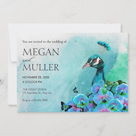 美しい青い孔雀の鳥の結婚式 招待状 (正面)