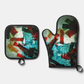 美しい青い抽象芸術オーブンのミットとポットホルダー 鍋つかみ&鍋敷きセット (正面)