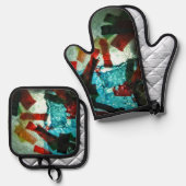 美しい青い抽象芸術オーブンのミットとポットホルダー 鍋つかみ&鍋敷きセット (正面/裏面)