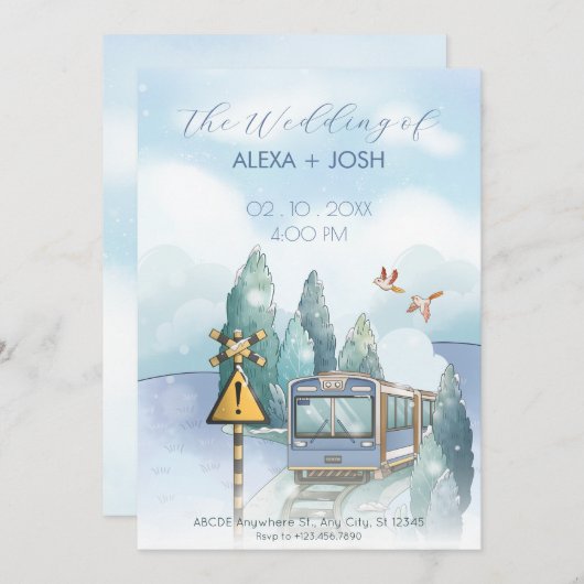美しい青い旅の列車結婚の 招待状 (正面/裏面)