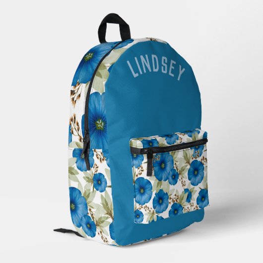 美しい青い朝顔パーソナライズされた プリントバックパック (裏面左端)