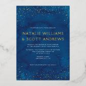 美しい青い水色のスタリースカイ結婚ズ実在 箔招待状 (正面)