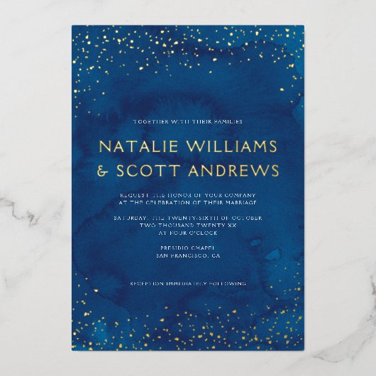 美しい青い水色のスタリースカイ結婚ズ実在 箔招待状 (正面)