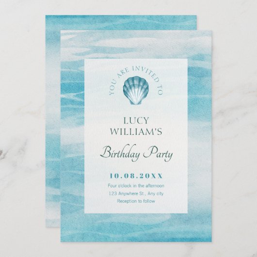 美しい青い海の誕生日 招待状 (正面/裏面)