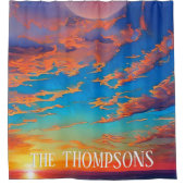 美しい青い澄ん海の水の上の夕日 シャワーカーテン (正面)