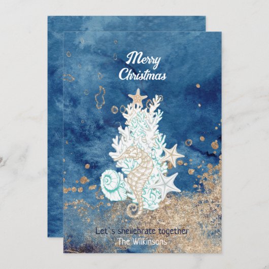 美しい青い砂の色の沿岸のカスタムクリスマス シーズンカード (正面/裏面)