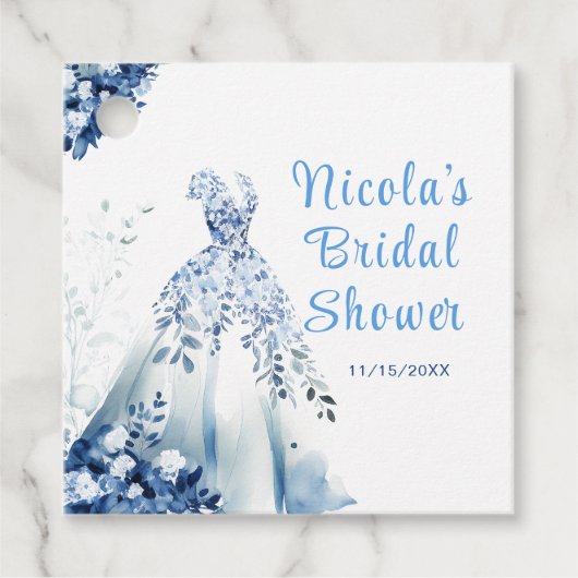 美しい青い花のウェディングドレス ブライダルシャワー フェイバータグ (正面)