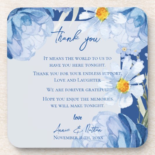 美しい青い花のトレンディなフラワーロマンチックウェディング コースター (正面)