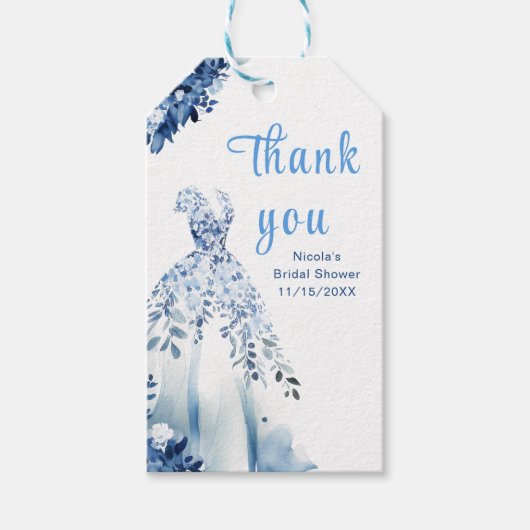 美しい青い花のドレス ブライダルシャワー ギフトタグ (正面)