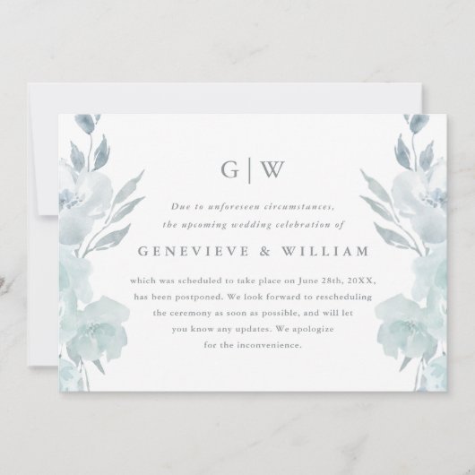 美しい青い花の写真 ウェディング延期のお知らせ (正面)