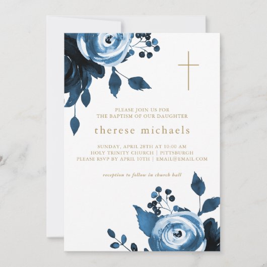美しい青い花の十字架の洗礼 招待状 (正面)