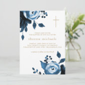 美しい青い花の十字架の洗礼 招待状 (スタンド正面)