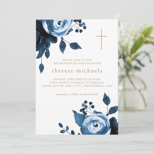 美しい青い花の十字架の洗礼 招待状 (スタンド正面)