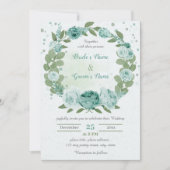 美しい青い花の緑のリース結婚ズ 招待状 (正面)