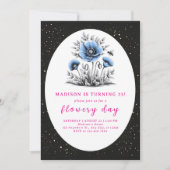 美しい青い花の誕生日 招待状 (正面)