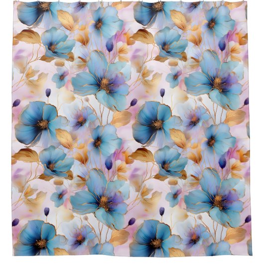 美しい青い花アルコールインクインソフトパステル シャワーカーテン (正面)