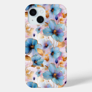 美しい青い花アルコールインクインソフトパステル iPhone 15ケース
