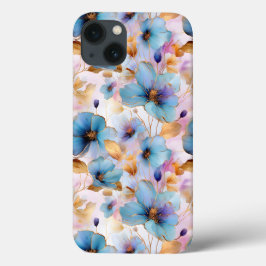 美しい青い花アルコールインクパステル iPhone 13ケース