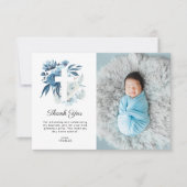 美しい青い花模様バプテスマ写真サンキューカード 招待状 (正面)
