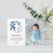美しい青い花模様バプテスマ写真サンキューカード 招待状 (スタンド正面)