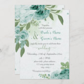 美しい青い葉花は結婚緑 招待状 (正面/裏面)