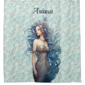 美しい青い髪の人魚 シャワーカーテン (正面)