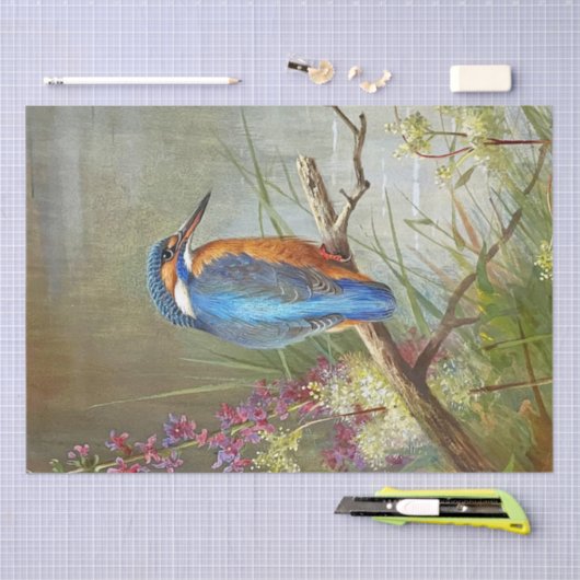 美しい青い鳥カワセミの水の色絵画の 薄葉紙 (クラフト)