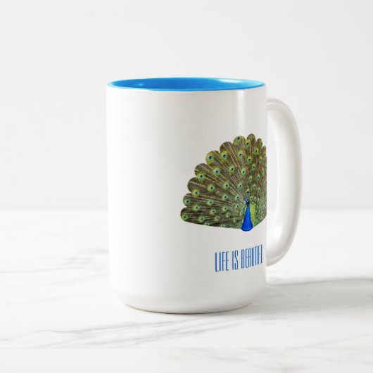 美しい青い鳥クジャク ツートーンマグカップ (正面右)