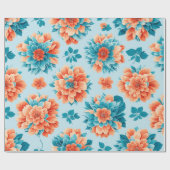 美しい青とオレンジのイラストレーション花 ラッピングペーパー (フラット)