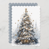 美しい青と白と金のクリスマスツリー シーズンカード (正面/裏面)