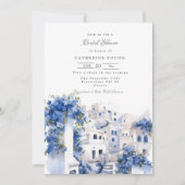 美しい青と白のサントリーニ ブライダルシャワー 招待状 (正面)