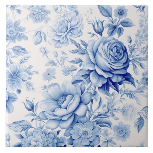 美しい青と白のバラ&ワイルドフラワー タイル (正面)