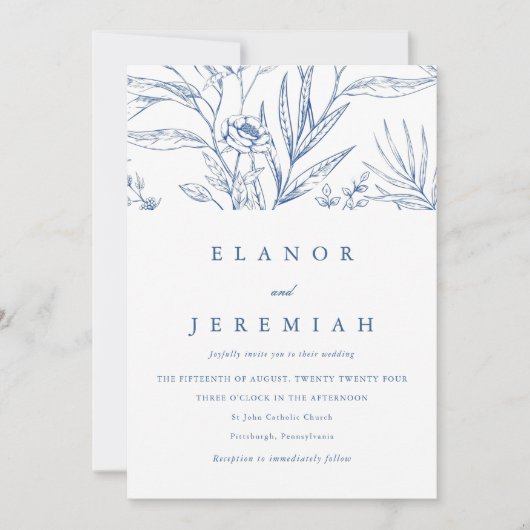 美しい青と白のフローラ写真結婚の 招待状 (正面)