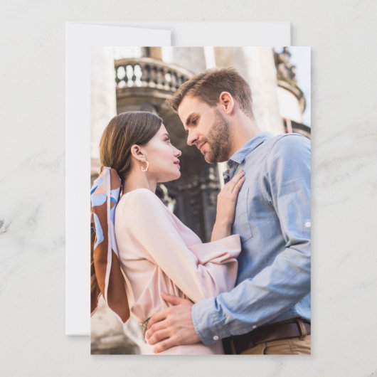 美しい青と白のフローラ写真結婚の 招待状 (裏面)