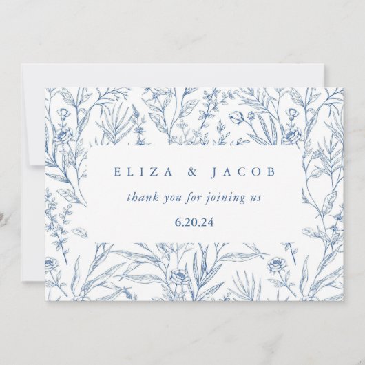 美しい青と白のフローラ結婚ズ サンキューカード (正面)