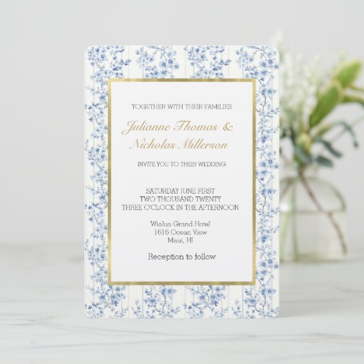 美しい青と白の花柄の結婚式 招待状 (スタンド正面)