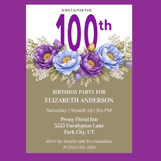 美しい青と紫の芍薬の100歳の誕生日 招待状