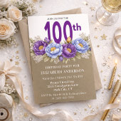 美しい青と紫の芍薬の100歳の誕生日 招待状