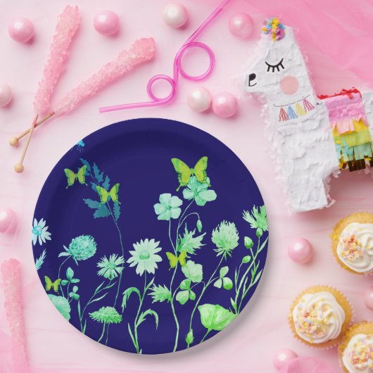 美しい青と緑のフローラと蝶 ペーパープレート (パーティー)