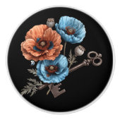 美しい青と赤のケシと鍵 セラミックノブ (正面)