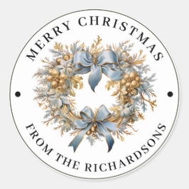 美しい青と金のクリスマスリース ラウンドシール