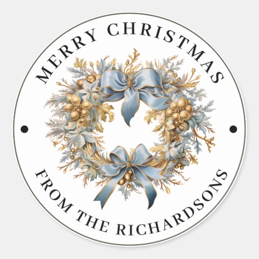 美しい青と金のクリスマスリース ラウンドシール (正面)