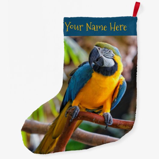 美しい青と金ゴールドマコーオウム ラージクリスマスストッキング (裏面)